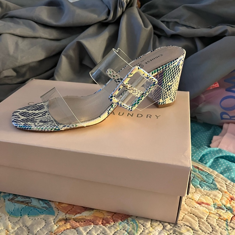 Iridescent snake skin sandals
